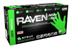 SAS Safety Corp RAVEN INVUE, 7 MIL, HIVIZ GREEN, POWDER FREE... 1516546 